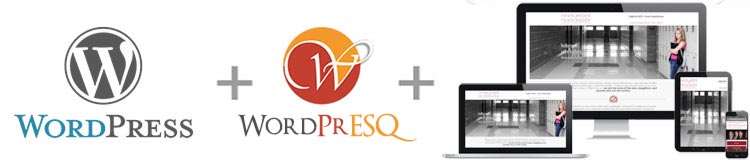 Law Firm Website Development: Image of WordPress and WordprESQ logos and Image of Law firm website in laptop, desktop, tablet, and mobile phone.