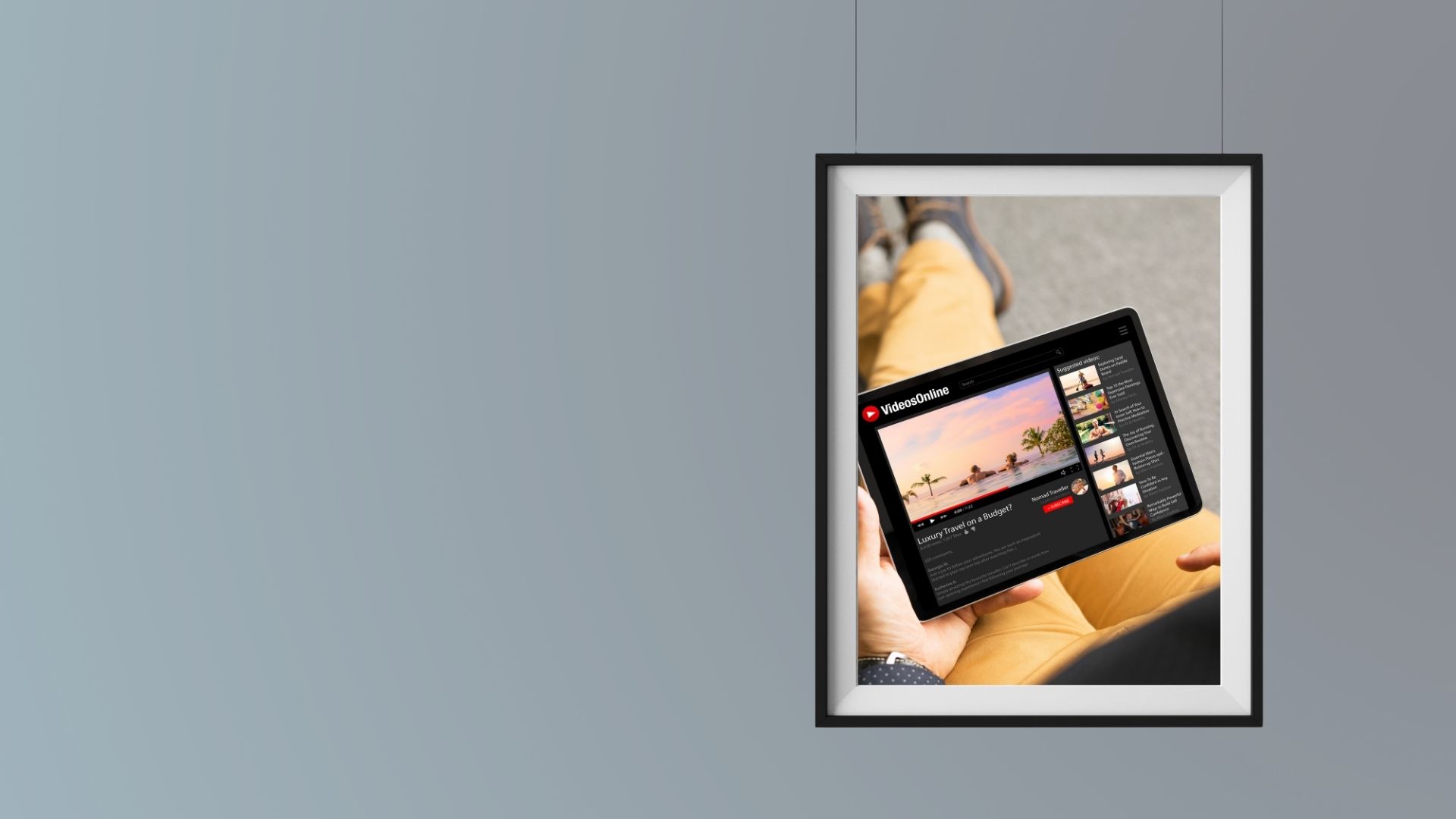 Picture with a tablet inside that displays someone watching youtube