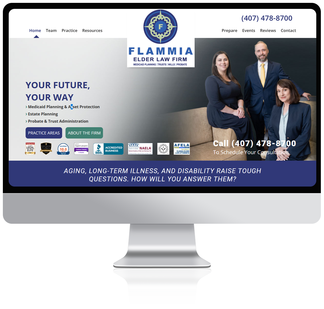 Flammia Elder Law home page on a monitor