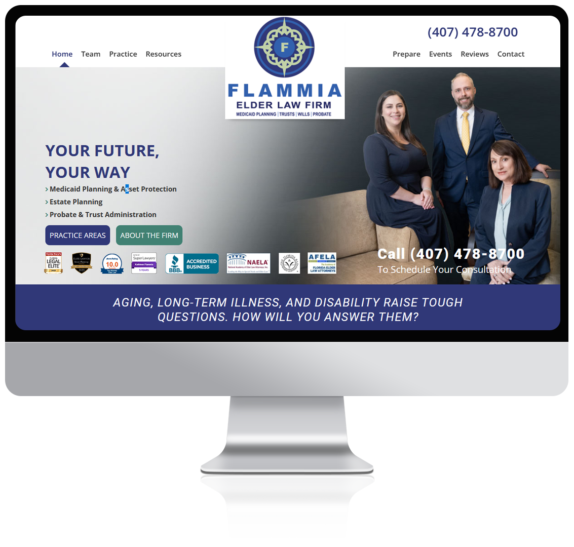 Flammia Elder Law home page on a monitor