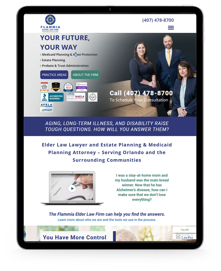Flammia Elder Law home page on a tablet