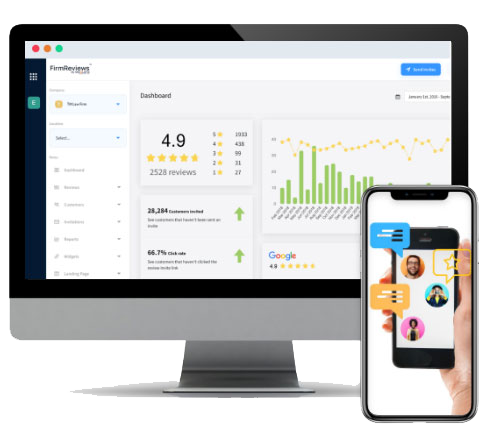a computer screen and iphone showing the FirmReviews platform