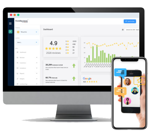 a computer screen and iphone showing the FirmReviews platform