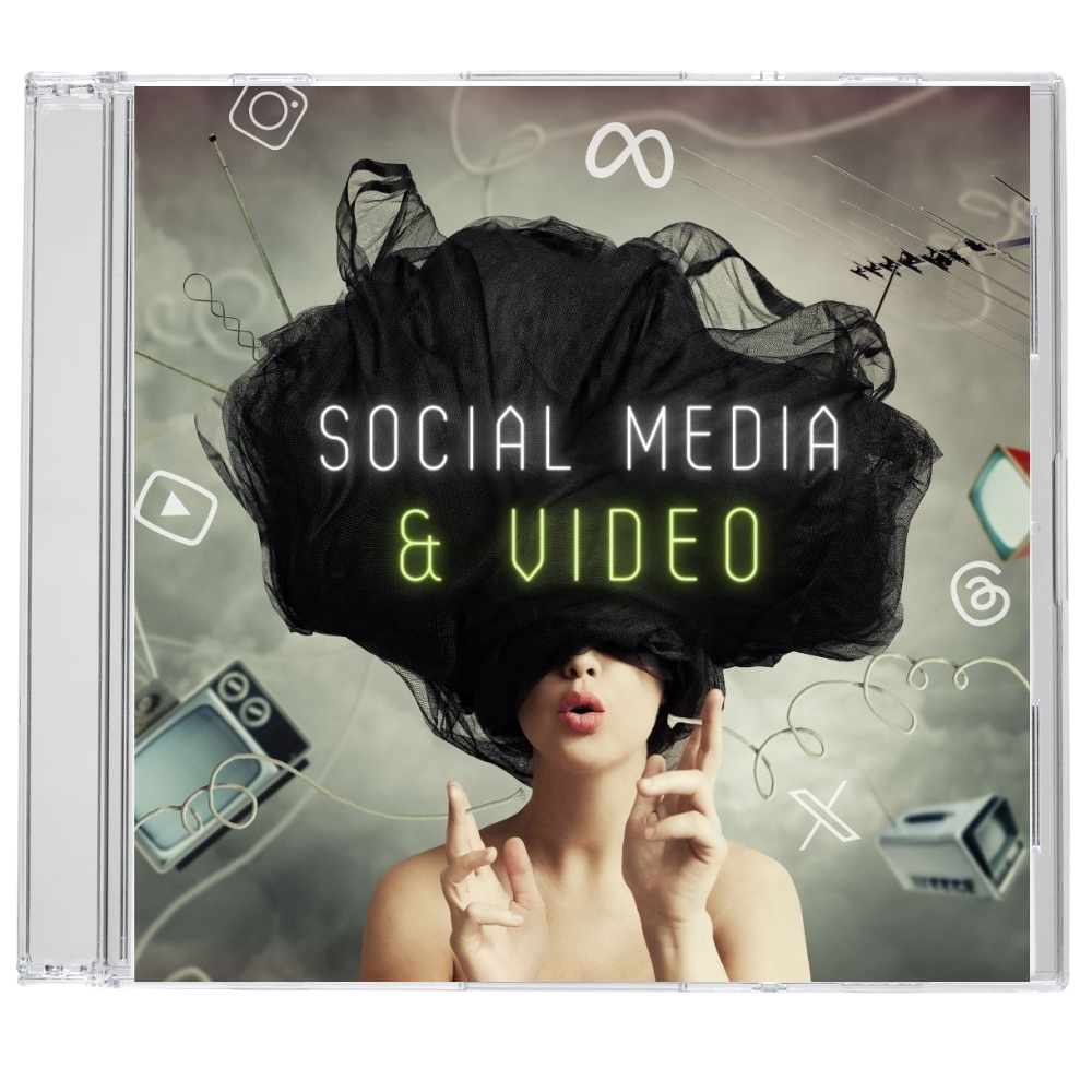woman with a fabric headpiece and tvs swirling around her head