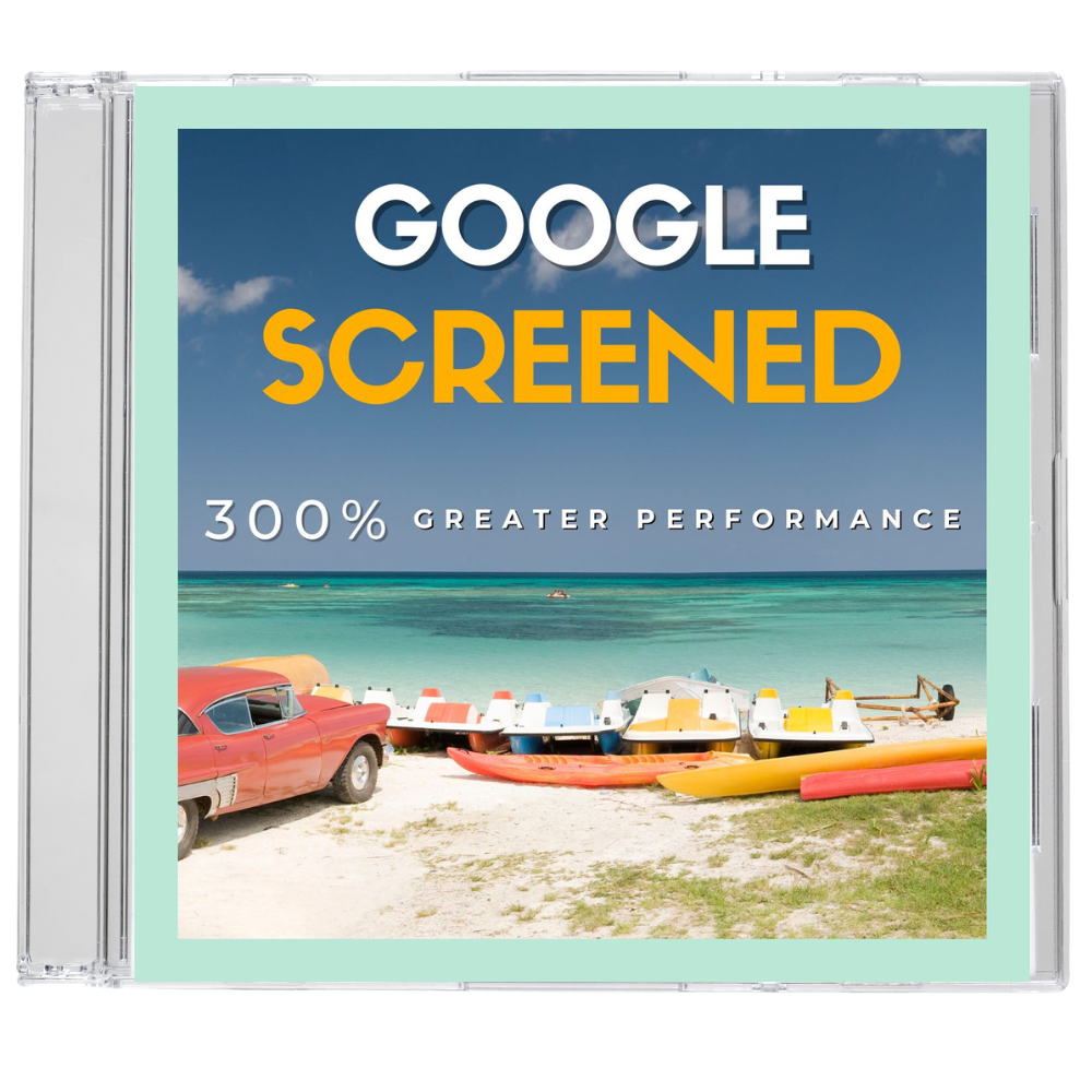 CD with a cover that reads "Google Screened" with vintage cars and people parked by a beach