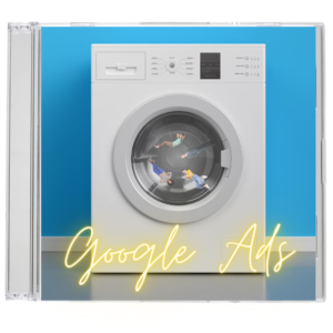 washing machine with people inside. The words Google Ads are written on the front.