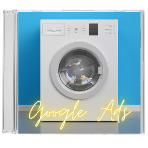 washing machine with people inside. The words Google Ads are written on the front.