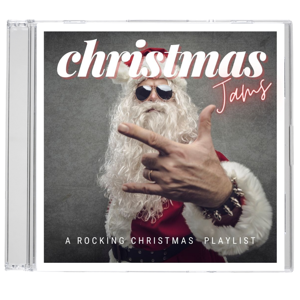 christmas Jams CD cover with a santa rocking out